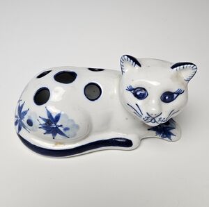Kitty Cat Flower Frog White Ceramic with Painted Blue Floral Design, No Chips!
